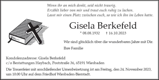 Traueranzeige von Gisela Berkefeld von Wiesbadener Kurier