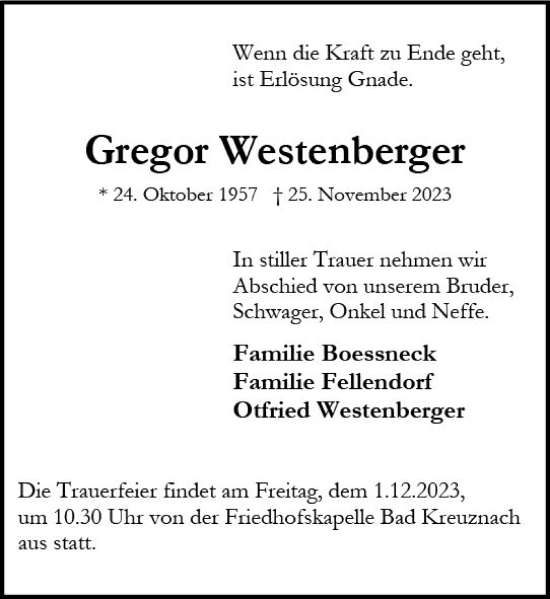 Traueranzeige von Gregor Westenberger von Allgemeine Zeitung Bad Kreuznach