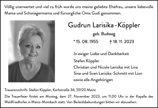 Traueranzeige von Gudrun Larisika-Köppler von Allgemeine Zeitung Mainz