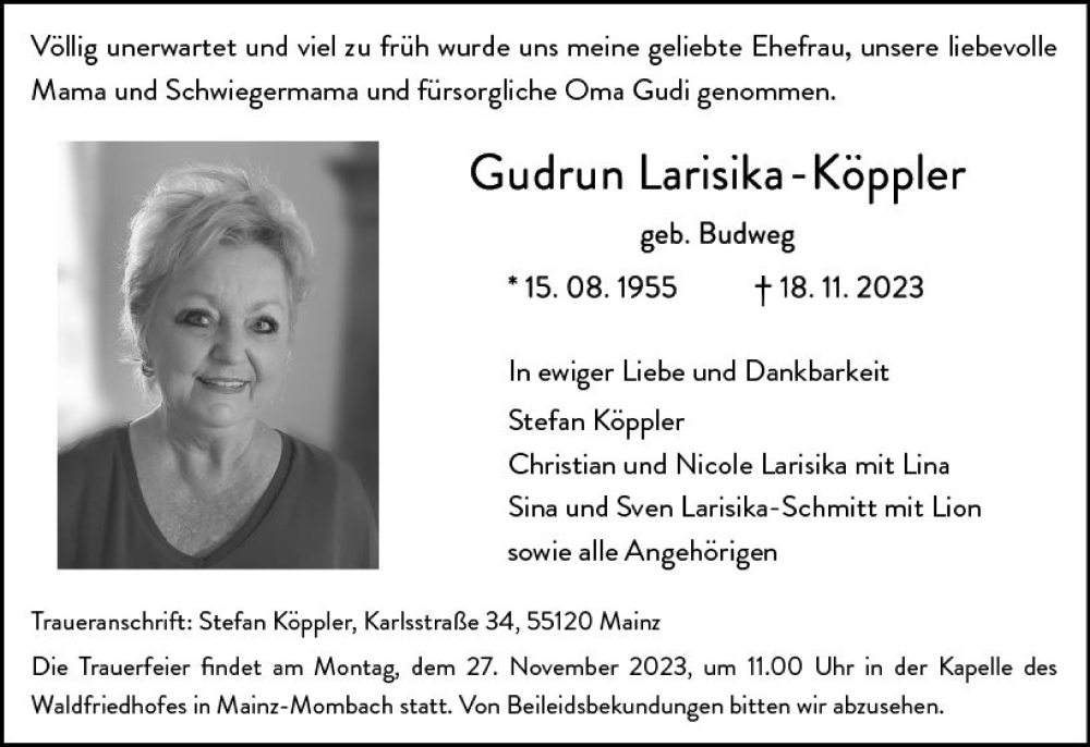  Traueranzeige für Gudrun Larisika-Köppler vom 23.11.2023 aus Allgemeine Zeitung Mainz