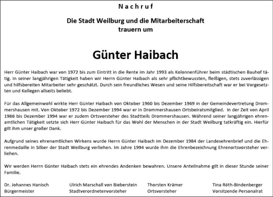 Traueranzeige von Günter Haibach von Weilburger Tageblatt