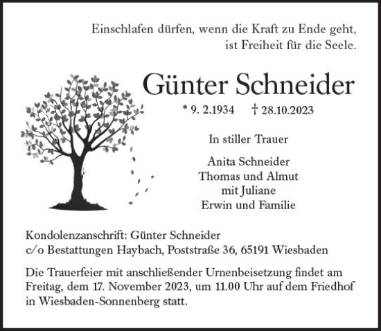 Traueranzeige von Günter Schneider von Wiesbadener Kurier