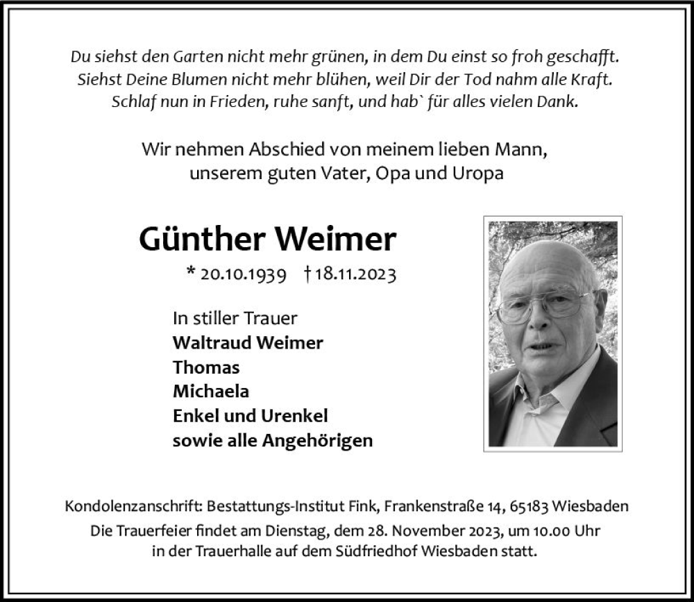  Traueranzeige für Günther Weimer vom 22.11.2023 aus Wiesbadener Kurier