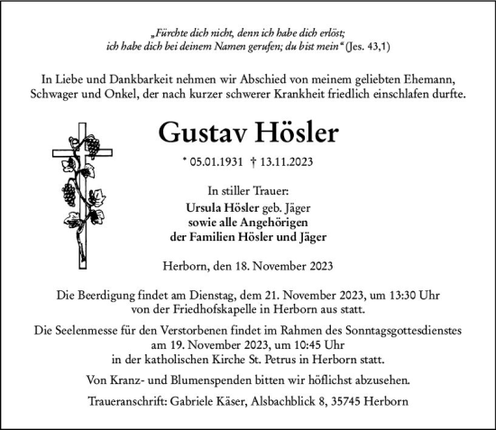 Traueranzeige von Gustav Hösler von Dill Block