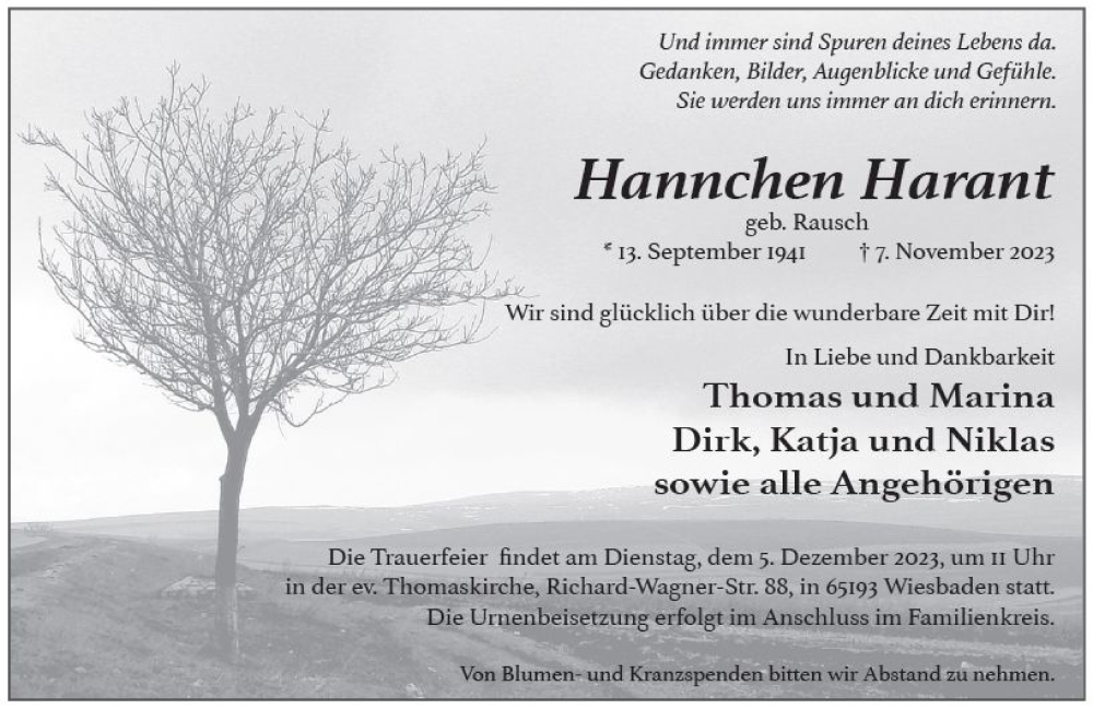  Traueranzeige für Hannchen Harant vom 18.11.2023 aus Wiesbadener Kurier