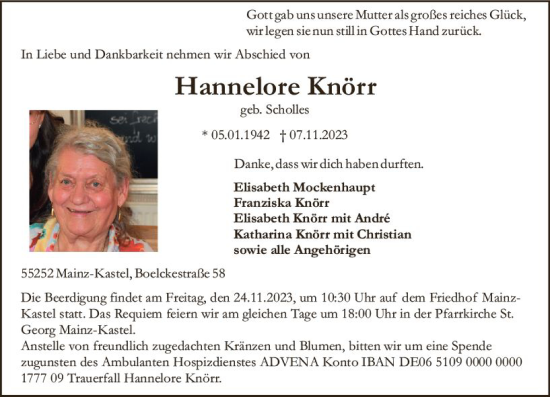 Traueranzeige von Hannelore Knörr von Wiesbadener Kurier
