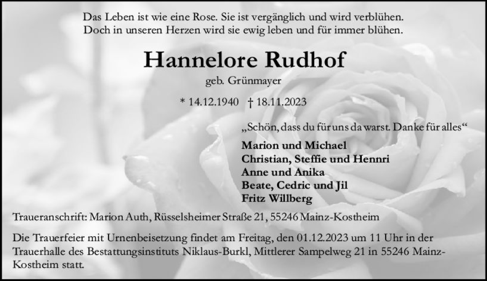  Traueranzeige für Hannelore Rudhof vom 25.11.2023 aus Allgemeine Zeitung Mainz