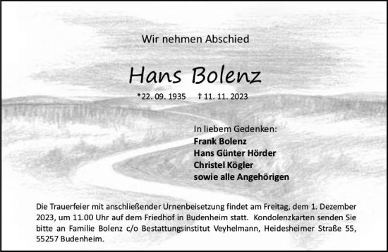 Traueranzeige von Hans Bolenz von Allgemeine Zeitung Mainz