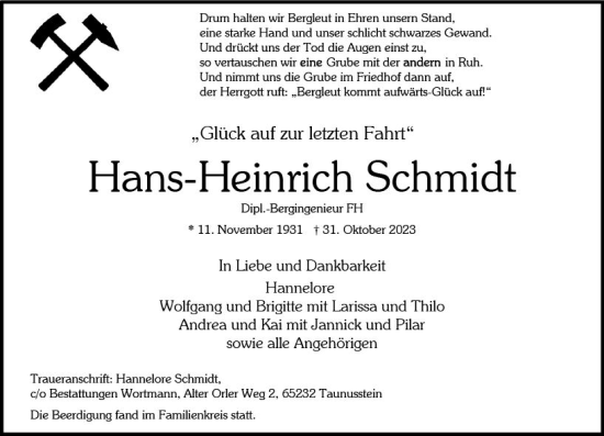 Traueranzeige von Hans-Heinrich Schmidt von Wiesbadener Kurier