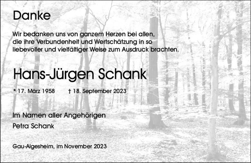  Traueranzeige für Hans-Jürgen Schank vom 04.11.2023 aus Allgemeine Zeitung Bingen/Ingelheim