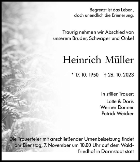 Traueranzeige von Heinrich Müller von Darmstädter Echo