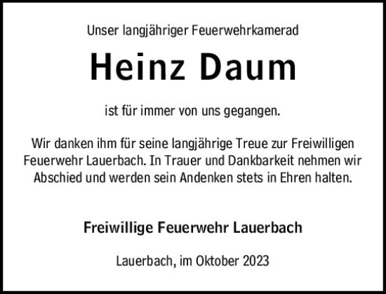 Traueranzeige von Heinz Daum von Odenwälder Echo