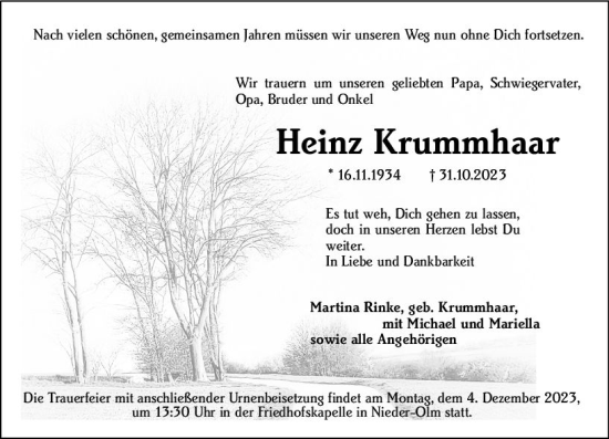 Traueranzeige von Heinz Krummhaar von Allgemeine Zeitung Mainz