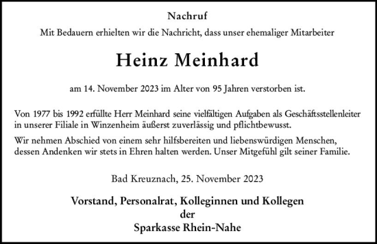 Traueranzeige von Heinz Meinhard von Allgemeine Zeitung Bad Kreuznach