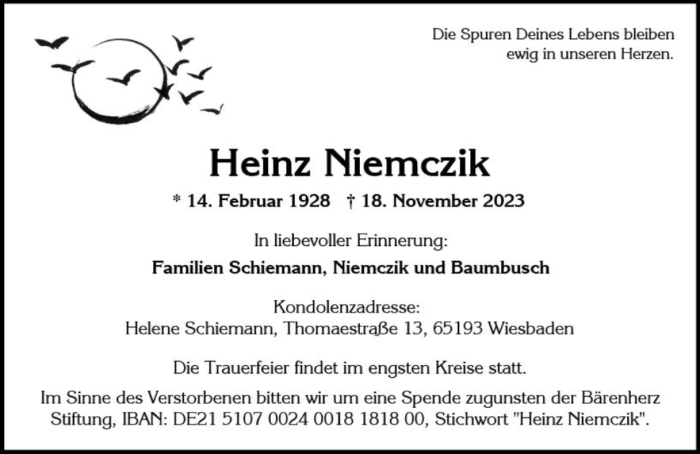  Traueranzeige für Heinz Niemczik vom 25.11.2023 aus Wiesbadener Kurier