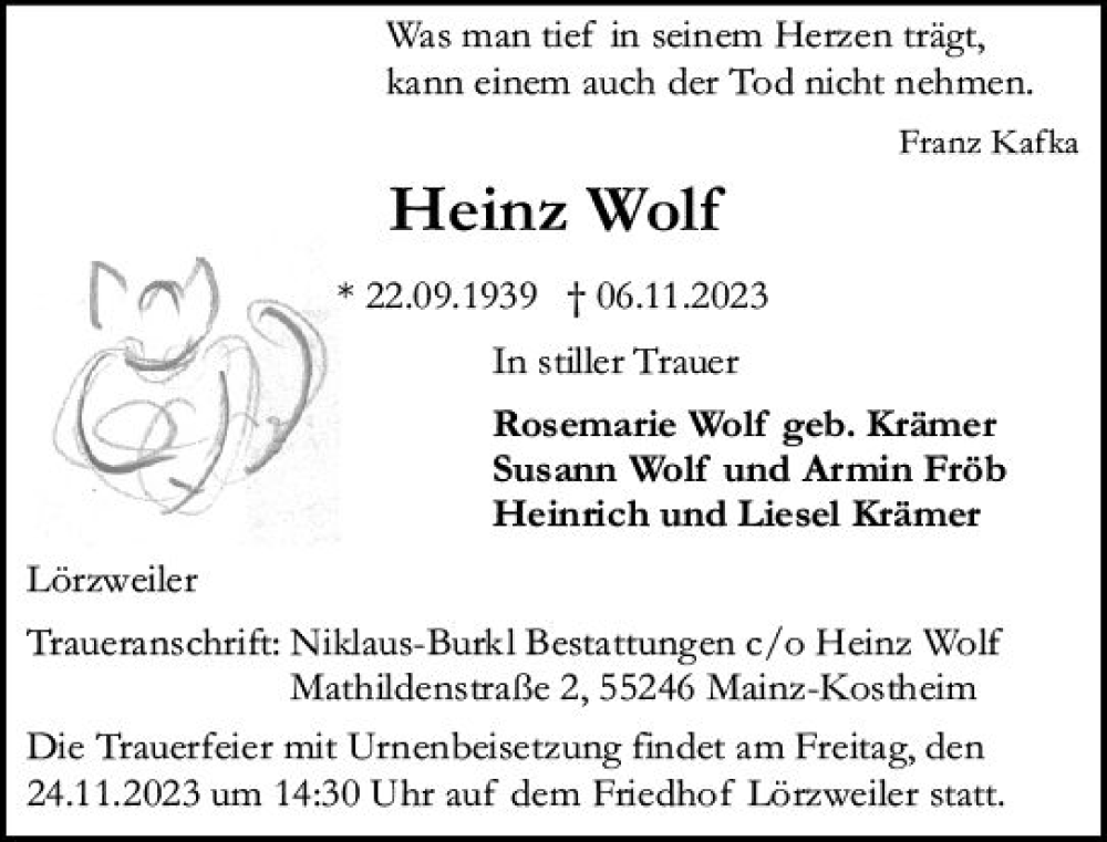  Traueranzeige für Heinz Wolf vom 18.11.2023 aus Allgemeine Zeitung Mainz