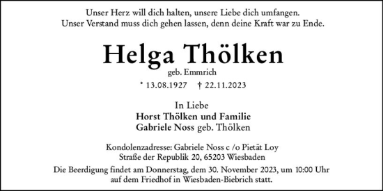 Traueranzeige von Helga Thölken von Wiesbadener Kurier