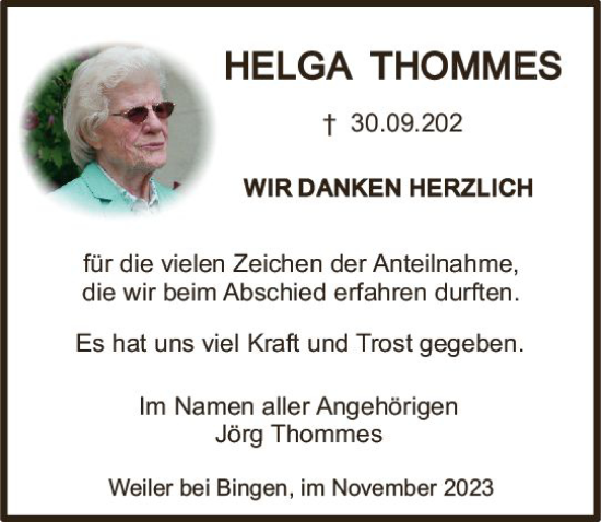 Traueranzeige von Helga Thommes von Allgemeine Zeitung Bingen/Ingelheim