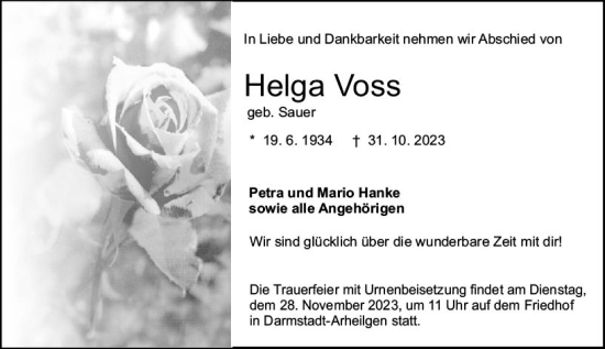 Traueranzeige von Helga Voss von Darmstädter Echo