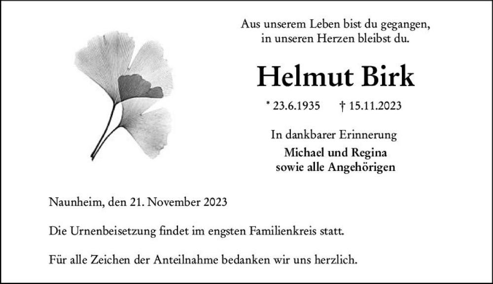  Traueranzeige für Helmut Birk vom 21.11.2023 aus Wetzlarer Neue Zeitung