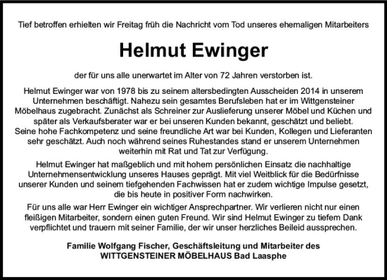 Traueranzeige von Helmut Ewinger von Hinterländer Anzeiger
