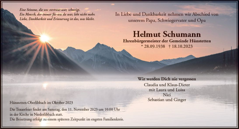  Traueranzeige für Helmut Schumann vom 04.11.2023 aus Wiesbadener Kurier