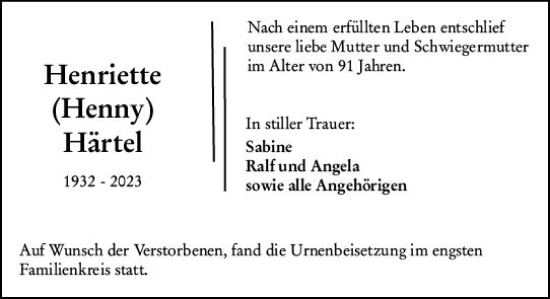 Traueranzeige von Henriette Härtel von Rüsselsheimer Echo