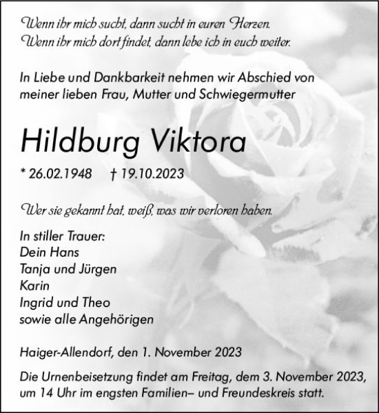 Traueranzeige von Hildburg Viktora von Dill Block