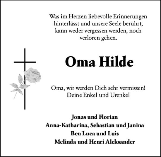 Traueranzeige von Hilde  von Hinterländer Anzeiger