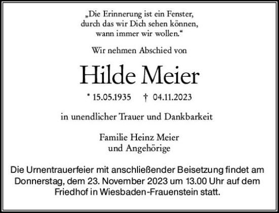 Traueranzeige von Hilde Meier von Wiesbadener Kurier