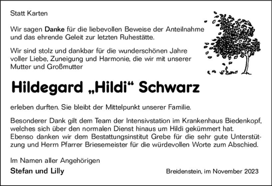 Traueranzeige von Hildegard  Schwarz von Hinterländer Anzeiger