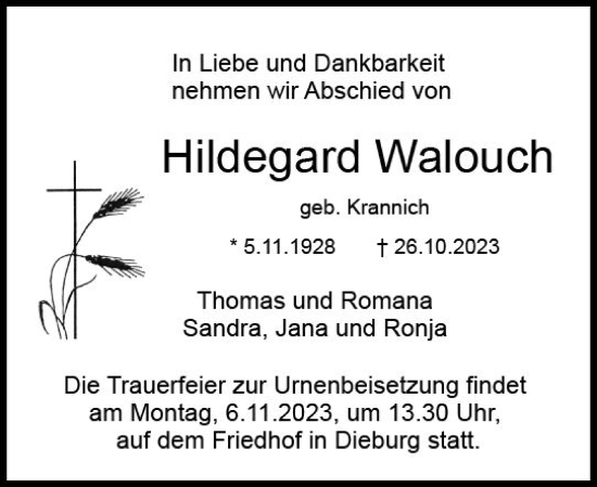 Traueranzeige von Hildegard Walouch von Dieburger Anzeiger/Groß-Zimmerner Lokal-Anzeiger
