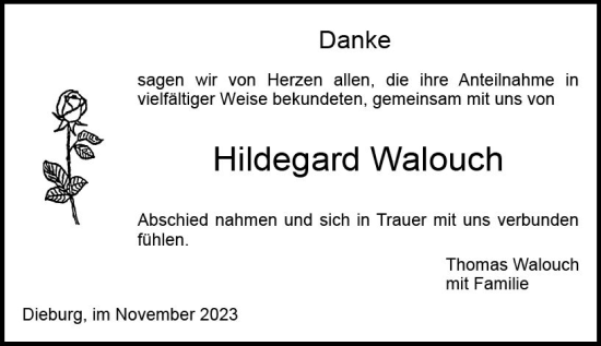 Traueranzeige von Hildegard Walouch von Dieburger Anzeiger/Groß-Zimmerner Lokal-Anzeiger
