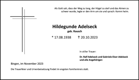 Traueranzeige von Hildegunde Adelseck von Allgemeine Zeitung Bingen/Ingelheim