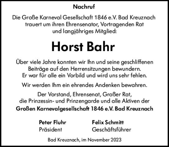 Traueranzeige von Horst Bahr von Allgemeine Zeitung Bad Kreuznach