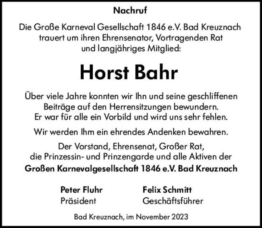 Traueranzeige für Horst Bahr vom 04.11.2023 aus Allgemeine Zeitung Bad Kreuznach
