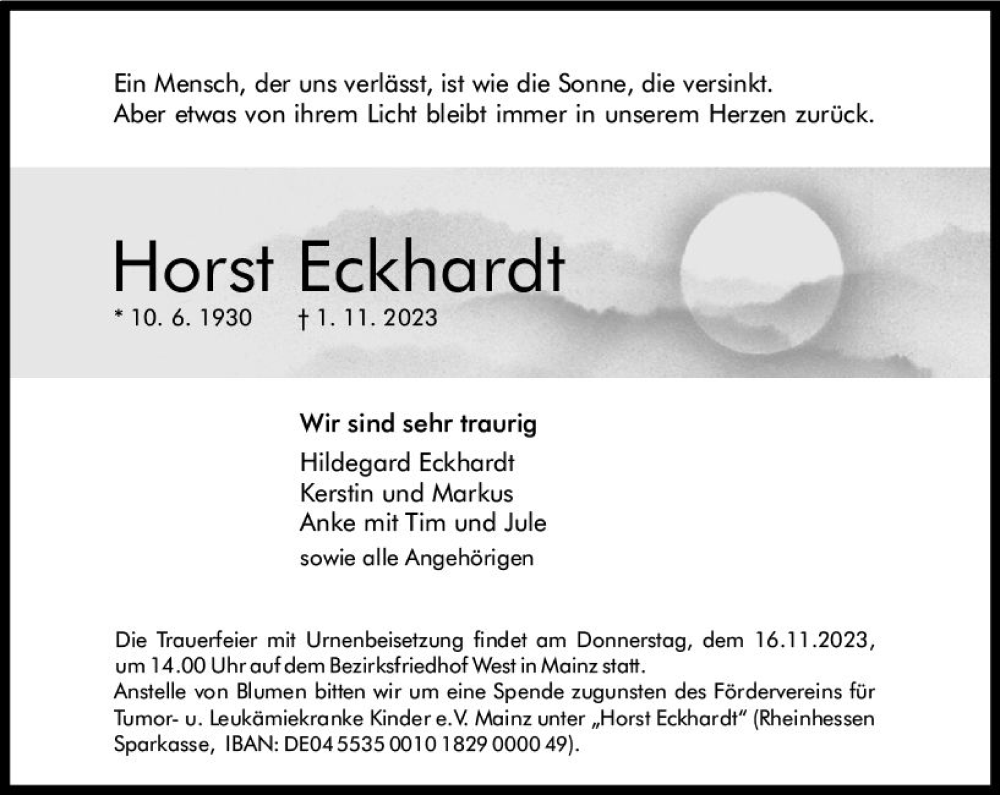  Traueranzeige für Horst Eckhardt vom 11.11.2023 aus Allgemeine Zeitung Mainz