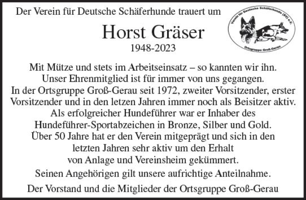  Traueranzeige für Horst Gräser vom 11.11.2023 aus Groß-Gerauer Echo