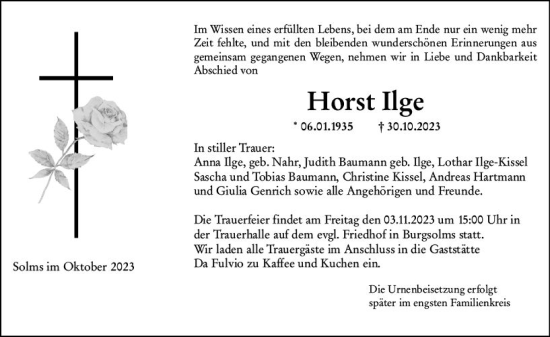 Traueranzeige von Horst Ilge von Wetzlarer Neue Zeitung