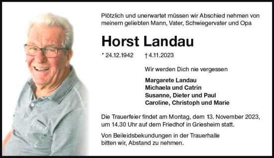 Traueranzeige von Horst Landau von Darmstädter Echo