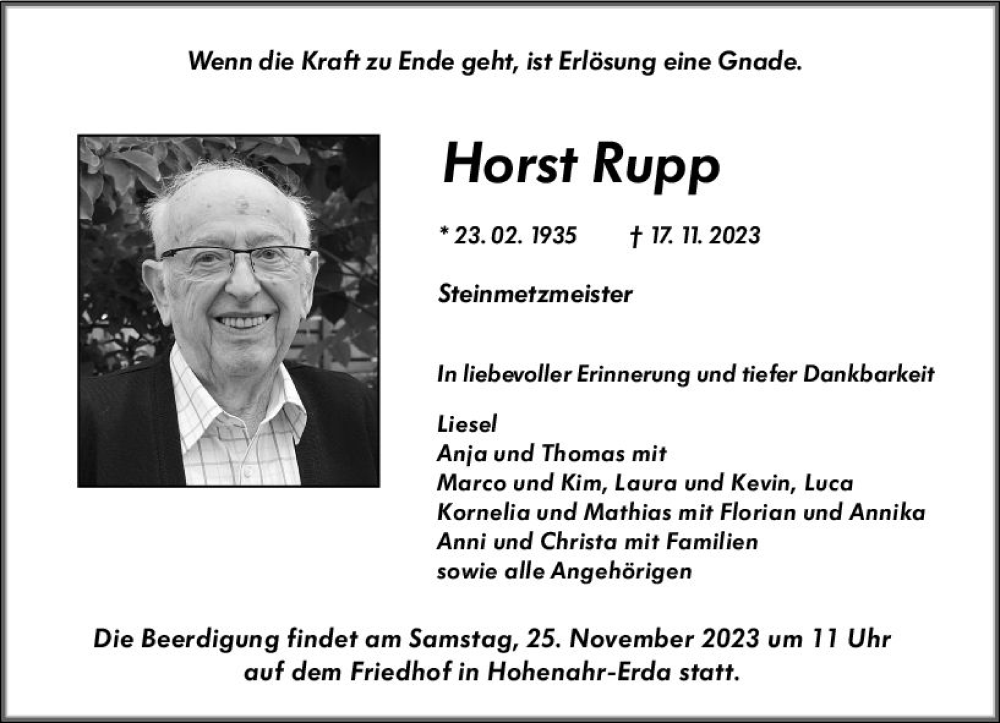  Traueranzeige für Horst Rupp vom 21.11.2023 aus Wetzlarer Neue Zeitung