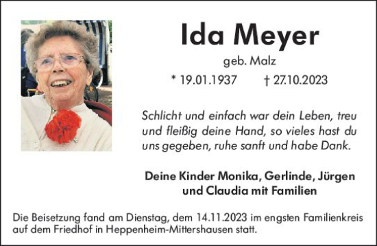 Traueranzeige von Ida Meyer von Starkenburger Echo