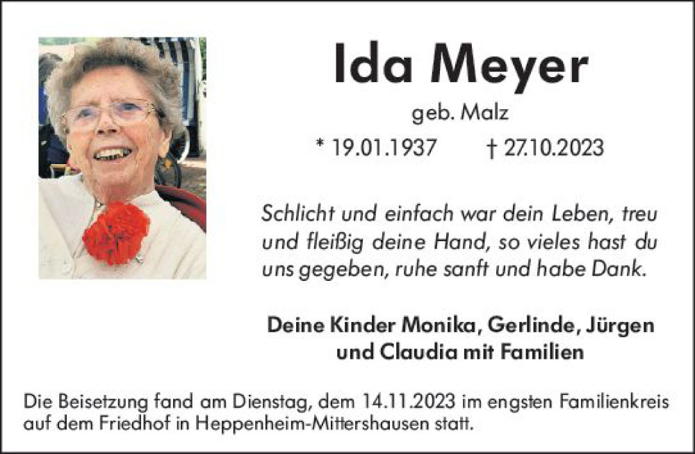 Traueranzeige für Ida Meyer vom 18.11.2023 aus Starkenburger Echo