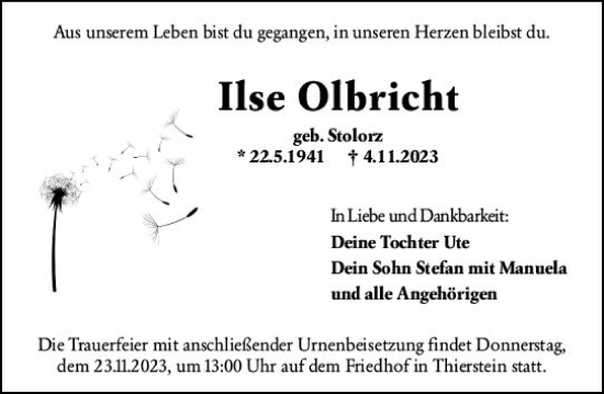 Traueranzeige von Ilse Olbricht von Wiesbadener Kurier