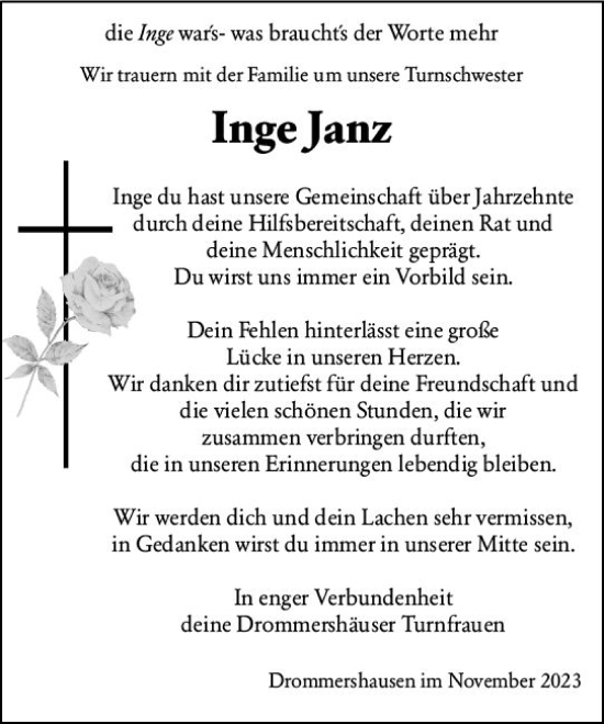 Traueranzeige von Inge janz von Weilburger Tageblatt