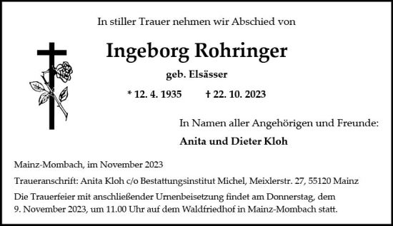 Traueranzeige von Ingeborg Rohringer von Allgemeine Zeitung Mainz