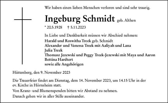 Traueranzeige von Ingeburg Schmidt von Wetzlarer Neue Zeitung