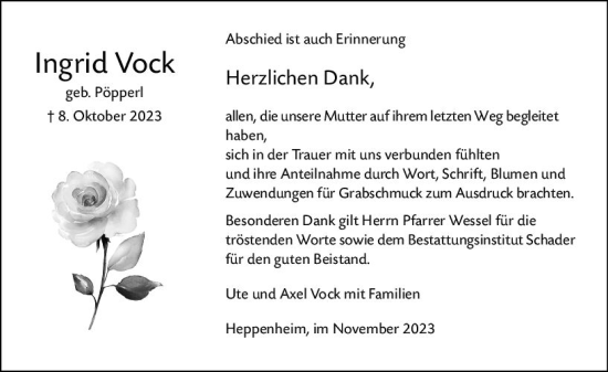 Traueranzeige von Ingrid Vock von Starkenburger Echo