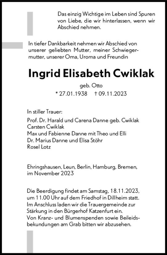 Traueranzeige von Ingrid Elisabeth Cwiklak von Wetzlarer Neue Zeitung