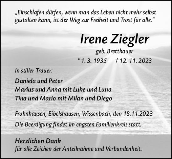 Traueranzeige von Irene Ziegler von Dill Block